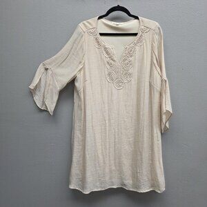 Indigo Rose Tunic Top Dress Womens 2X Beige Crochet Lace Boho Peasant Blouse